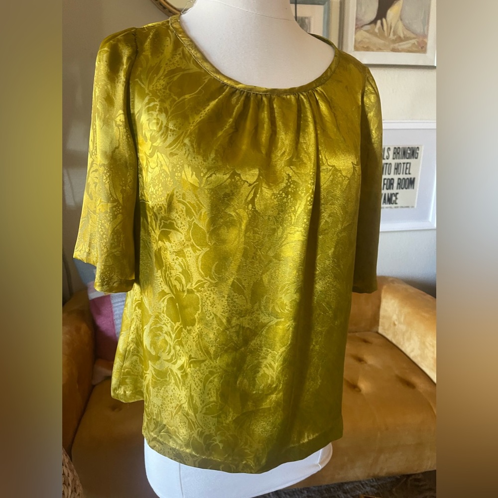 Vintage Blouse 1970s Silky Chartreuse Green Sz Medium